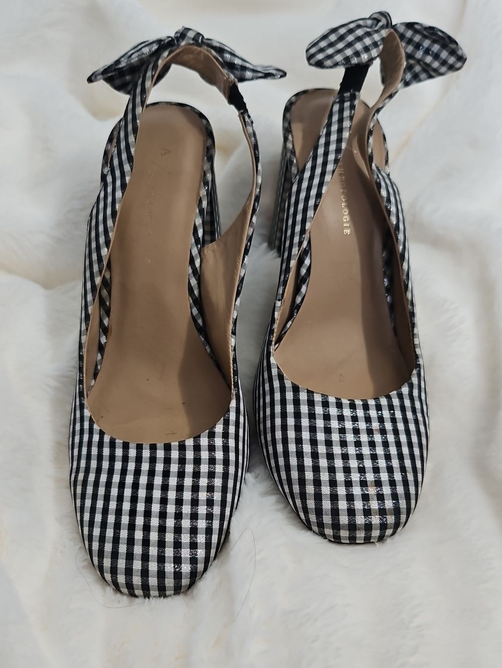 Anthropologie Gingham Slingback Block Heel Pumps | Black & White Check | EU 39
